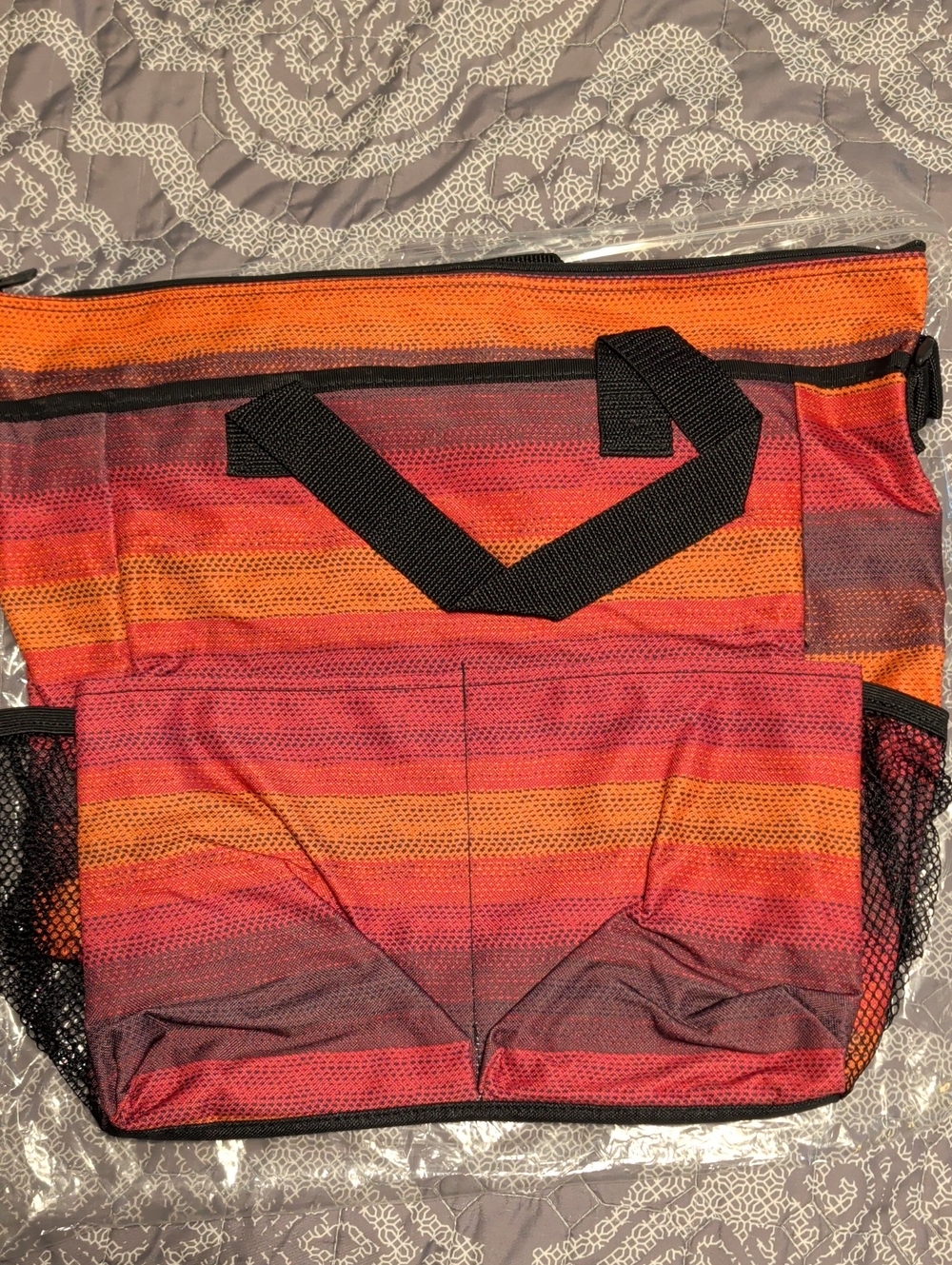 Striped Orange-Red Thirty-One Tote Bag with Black Handles